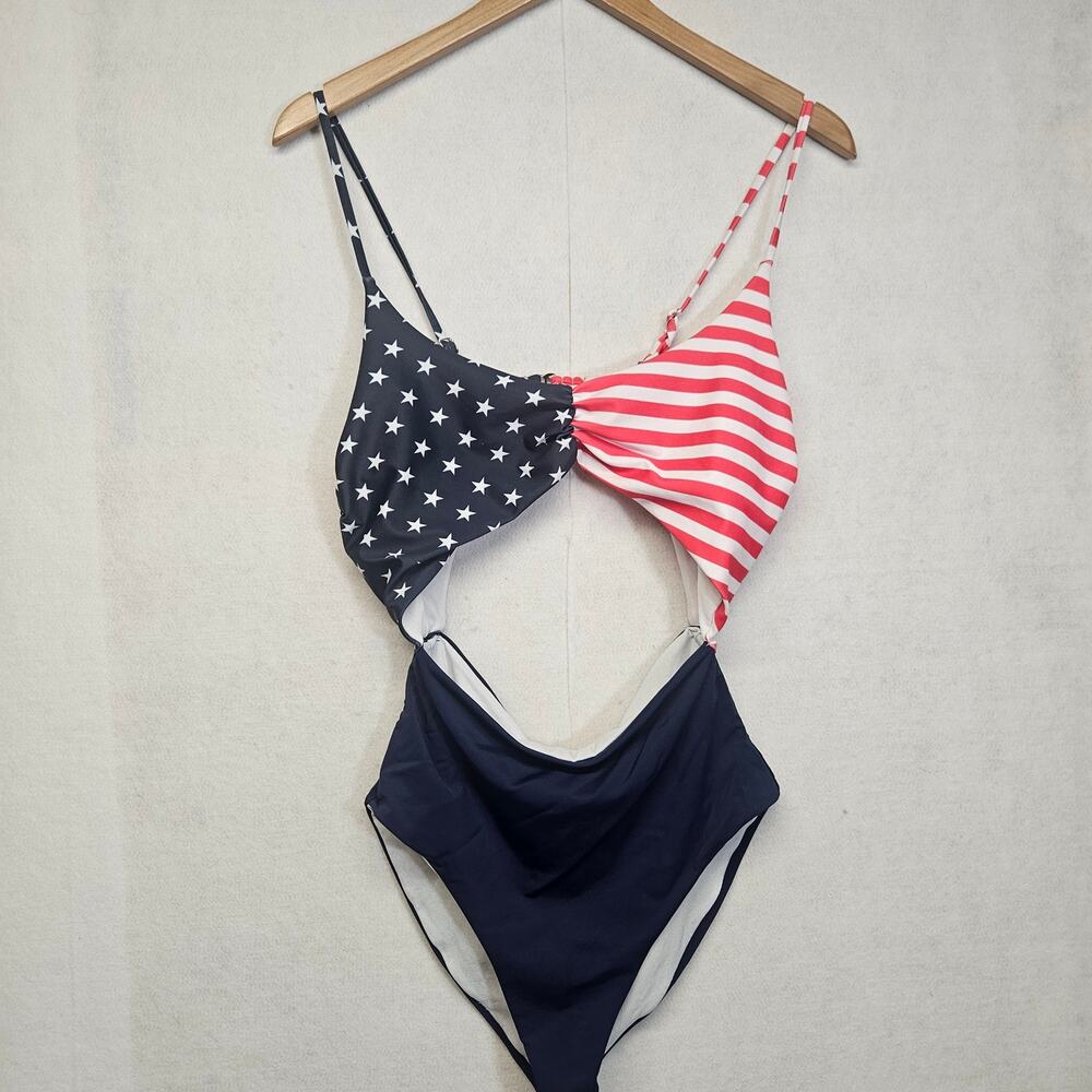 Pink Lily Patriotic USA American Flag Cutout One Piece Swimsuit Monokini Sz M